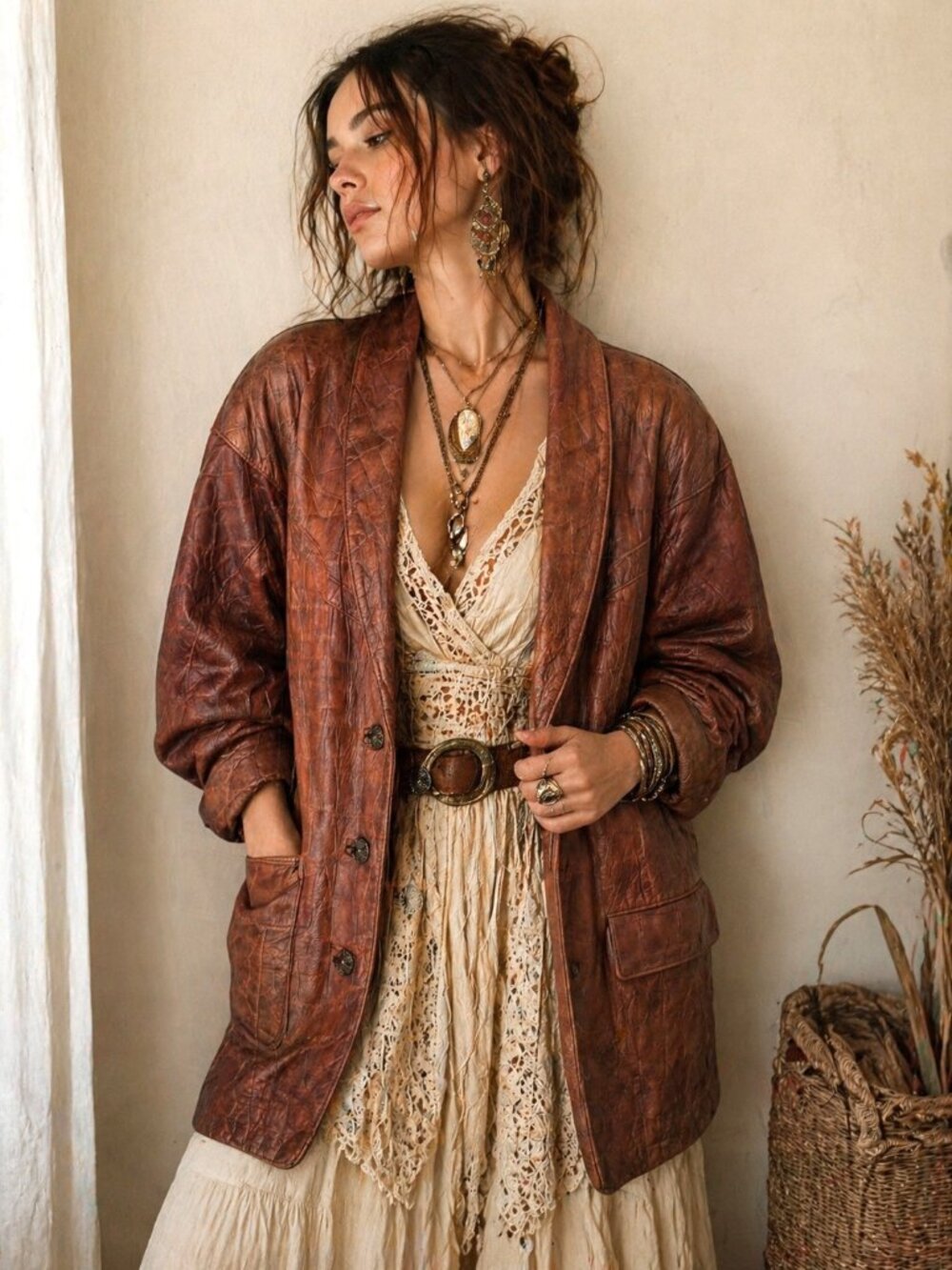 Vintage Leather Textured Brown Jacket Boho M/L